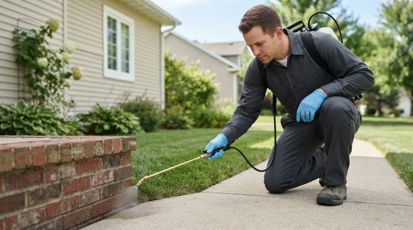 Pest control technician treating a home near Cambridge, IL