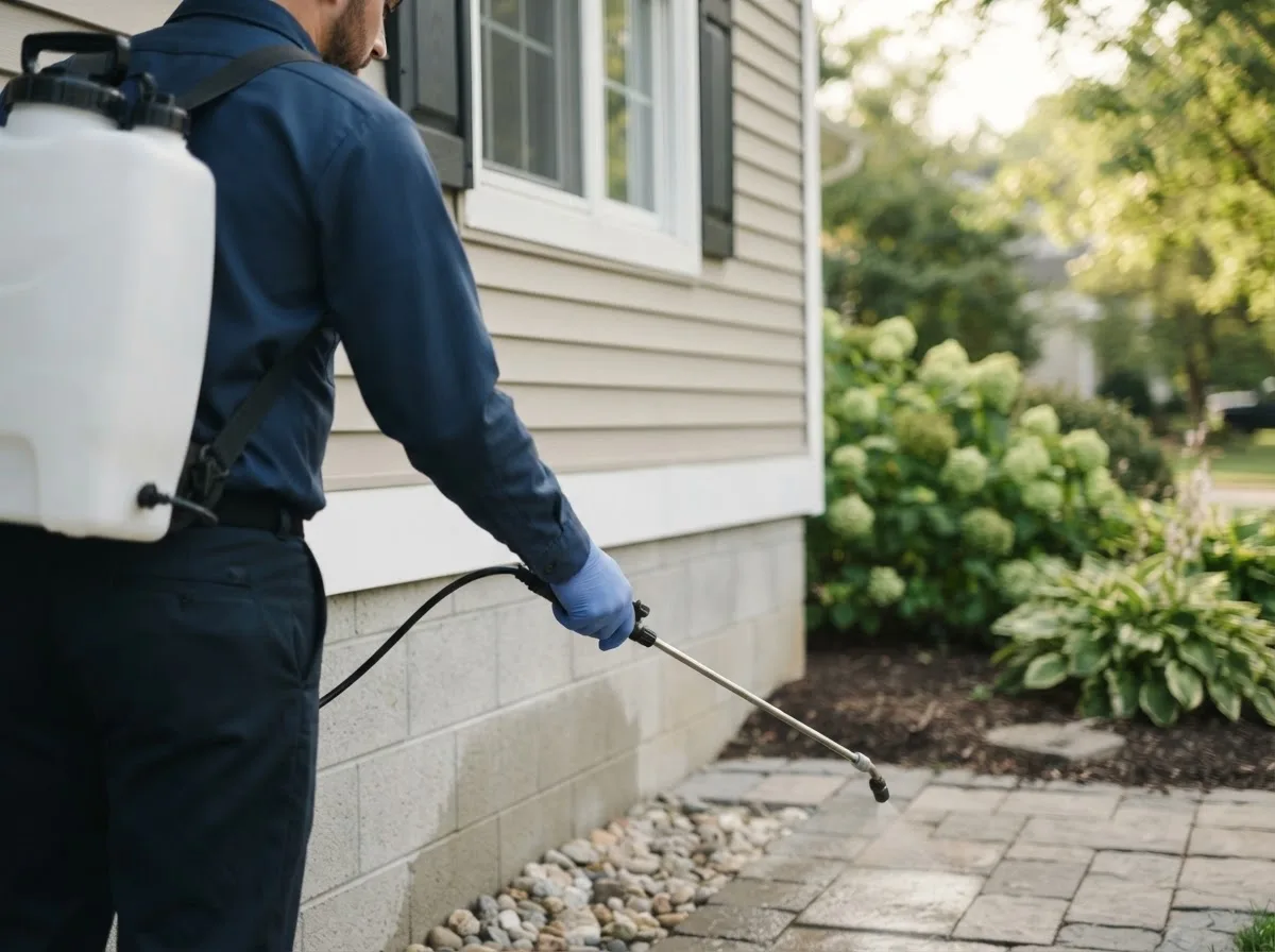Pest control technician inspecting a home in Cambridge, IL